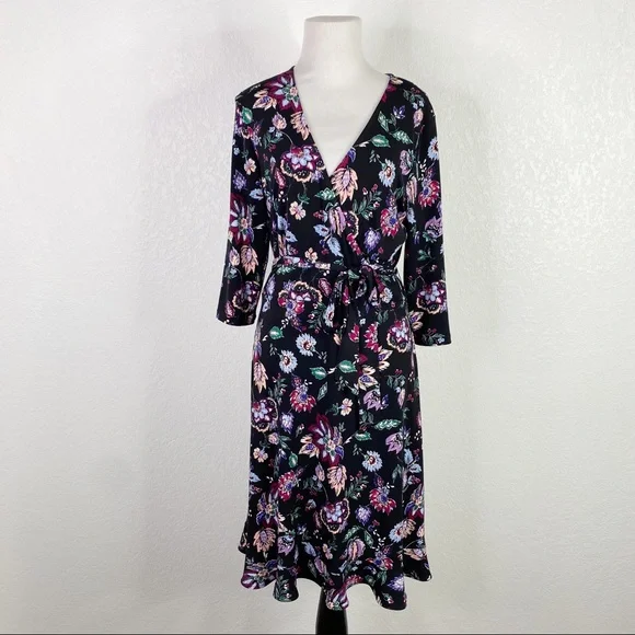 Leota Dresses Leota Black Multi Color Stretch Jersey Faux Wrap